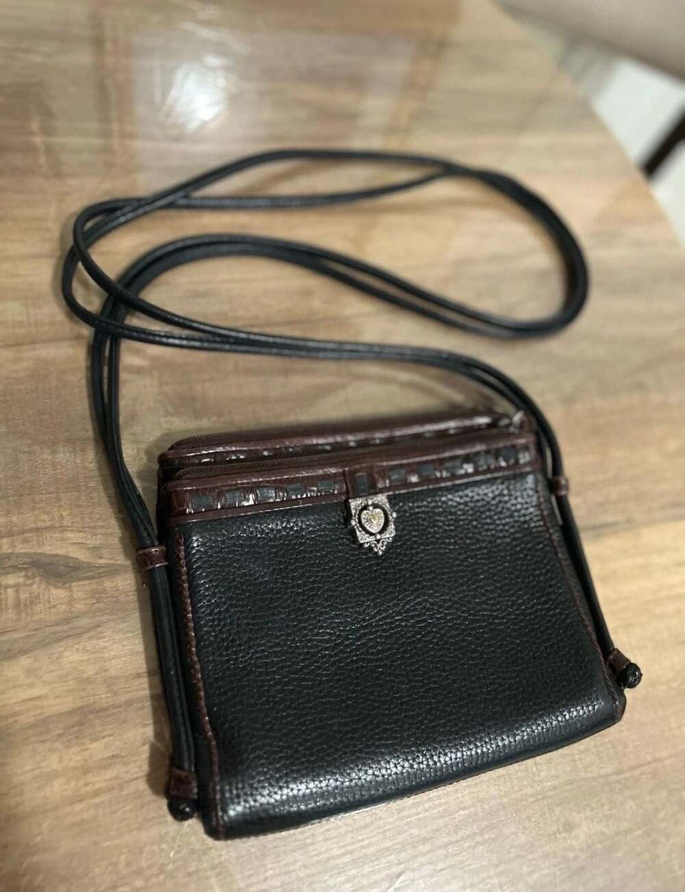 Brighton Pebbled Leather Two-Tone Black and Brown Crossbody Organizer Bag